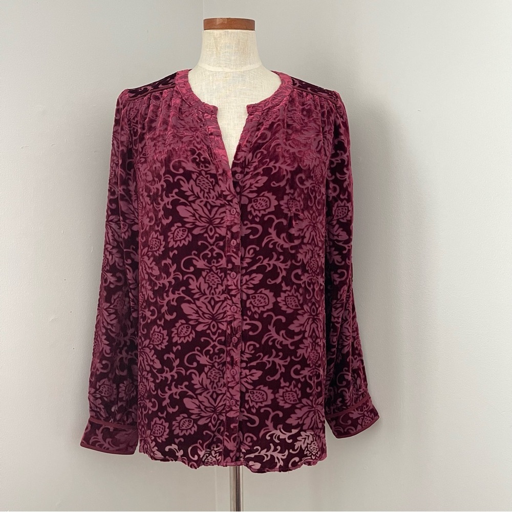 Renaissance Fairy Sundance Maroon Floral Burnout button down shirt NWOT large